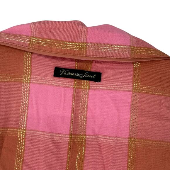 Victorias Secret Flannel Romper XL Pink Plaid Long Sleeve Belted Lounge Wear PJs - Picture 10 of 11